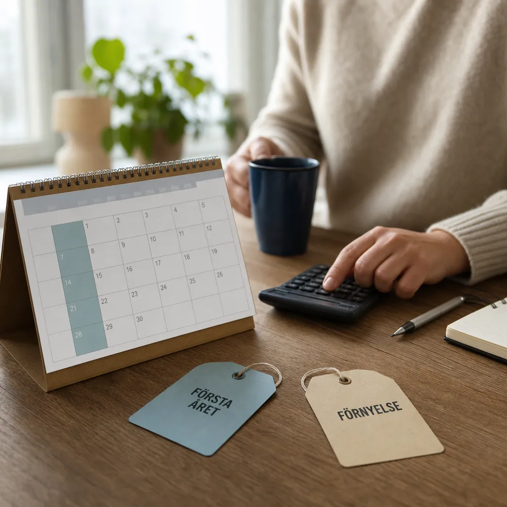 prislapp och kalender som symboliserar förstaårspris kontra förnyelsepris