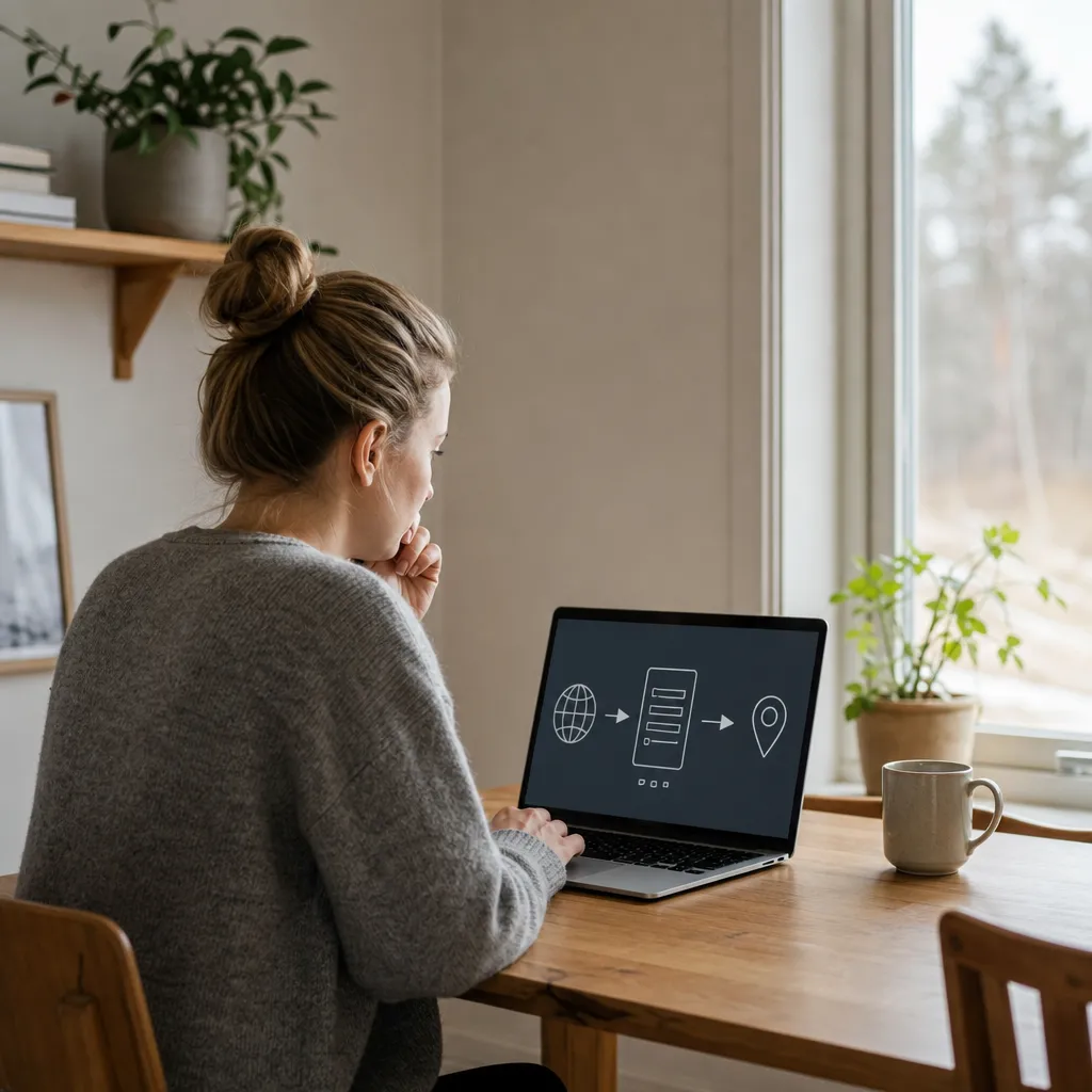 illustration av DNS-uppslag, ett domännamn som via pilar pekar mot en server/IP-adress