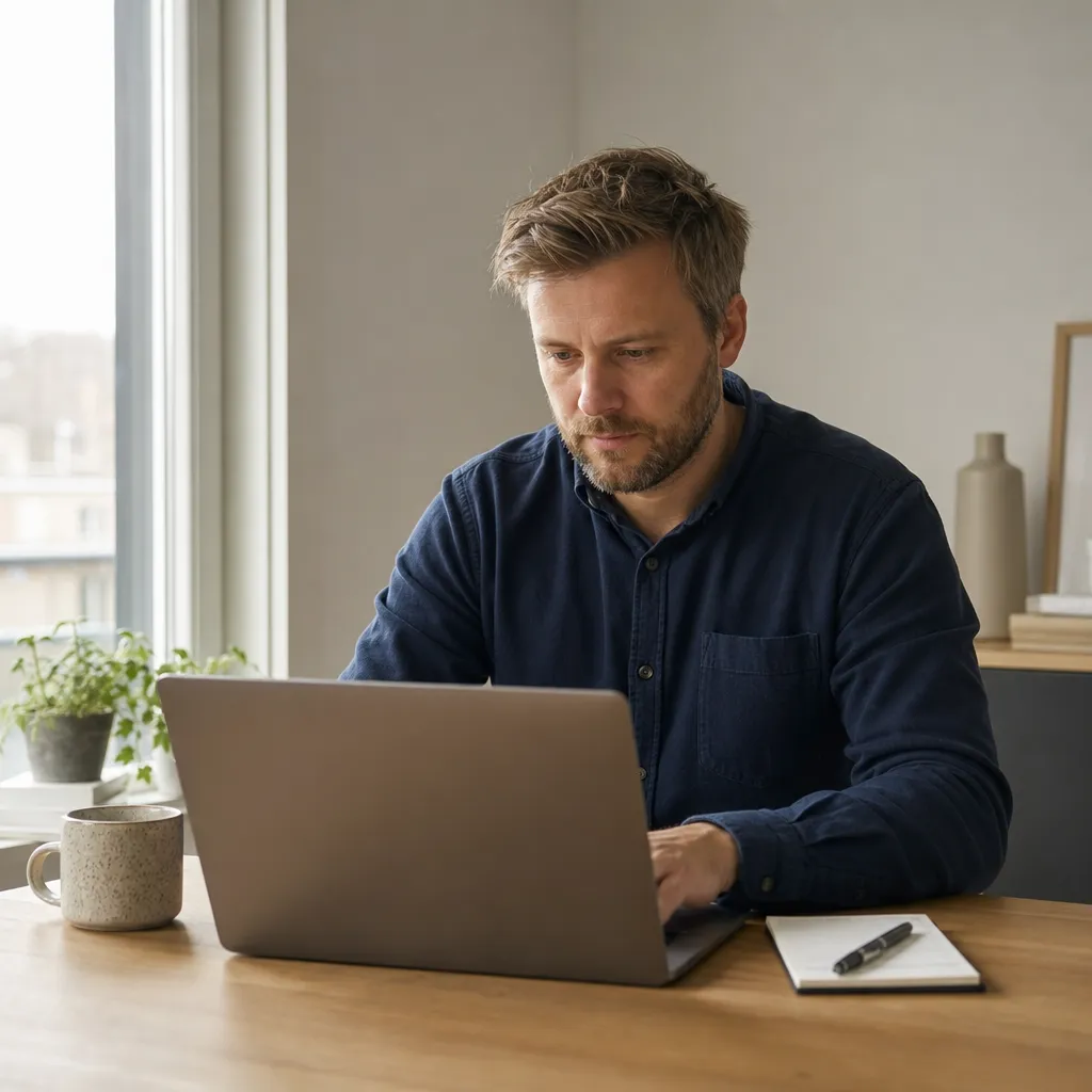 företagare kollar e-post på laptop med egen domän i adressen