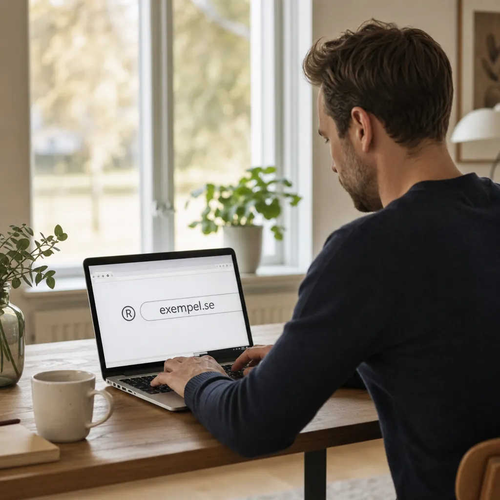 illustration av ett varumärkessymbol (®) bredvid en domänadress i en webbläsarfältsram