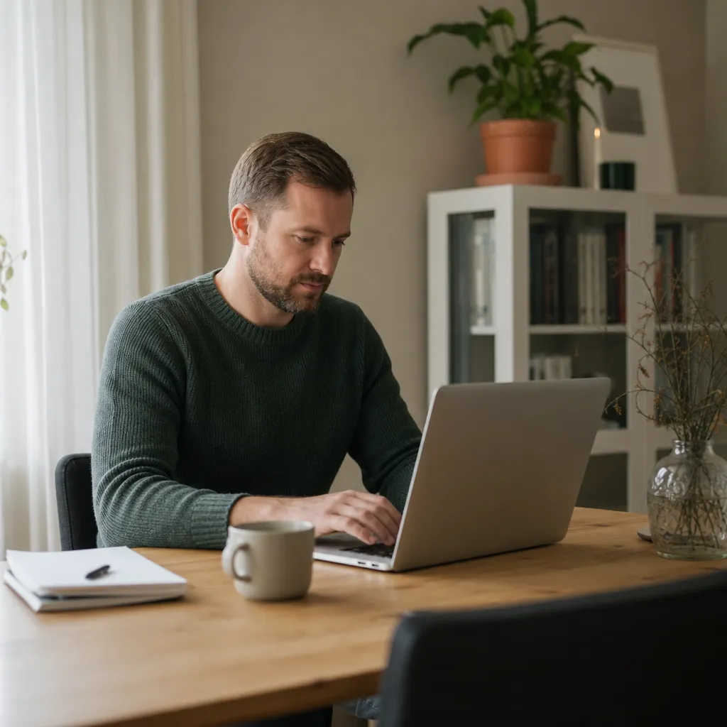 svensk småföretagare registrerar domännamn på laptop vid skrivbord
