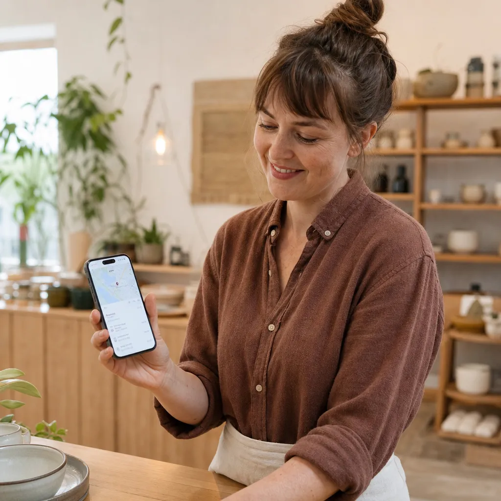 småföretagare som visar upp sin Google företagsprofil med karta och öppettider på en smartphone