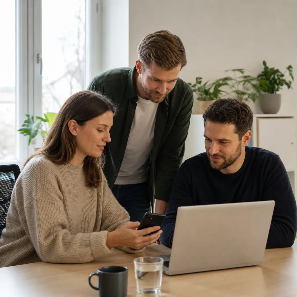 litet team på ett kontor som loggar in på ett gemensamt konto via mobil och laptop