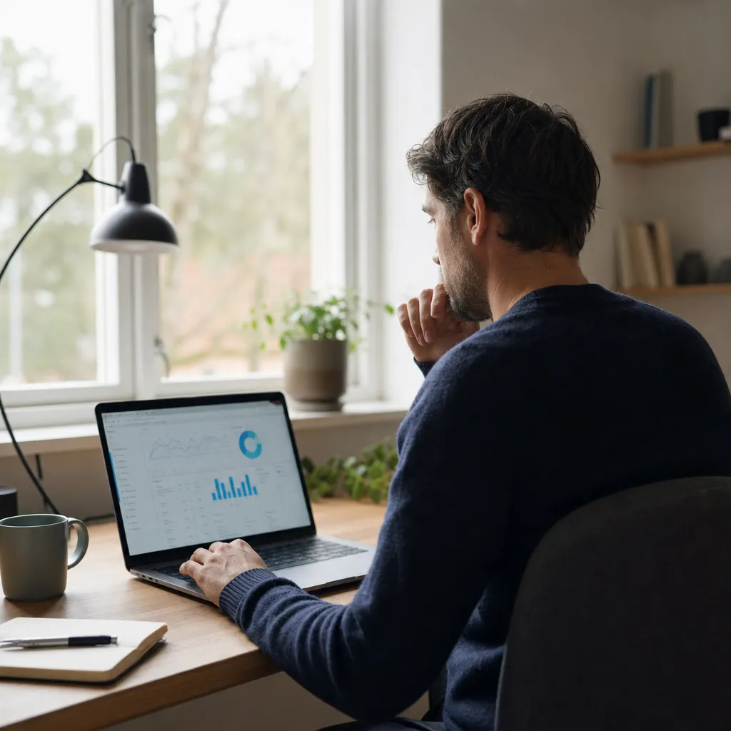 Person som kontrollerar sökresultat och webbplatsstatistik på laptop i ett litet kontor