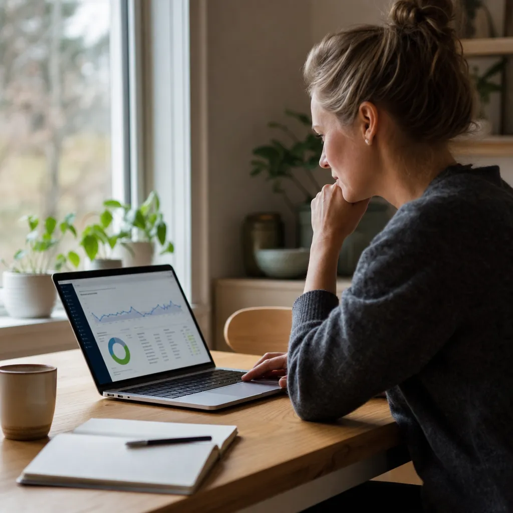 småföretagare tittar på ett SEO-verktygs dashboard med sökordsrankning på en bärbar dator