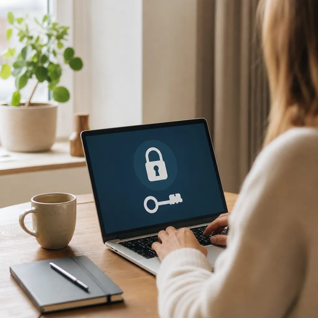 bärbar dator med lås- och nyckelsymboler på skärmen, symboliserar VPN och lösenordshantering för ett litet företag