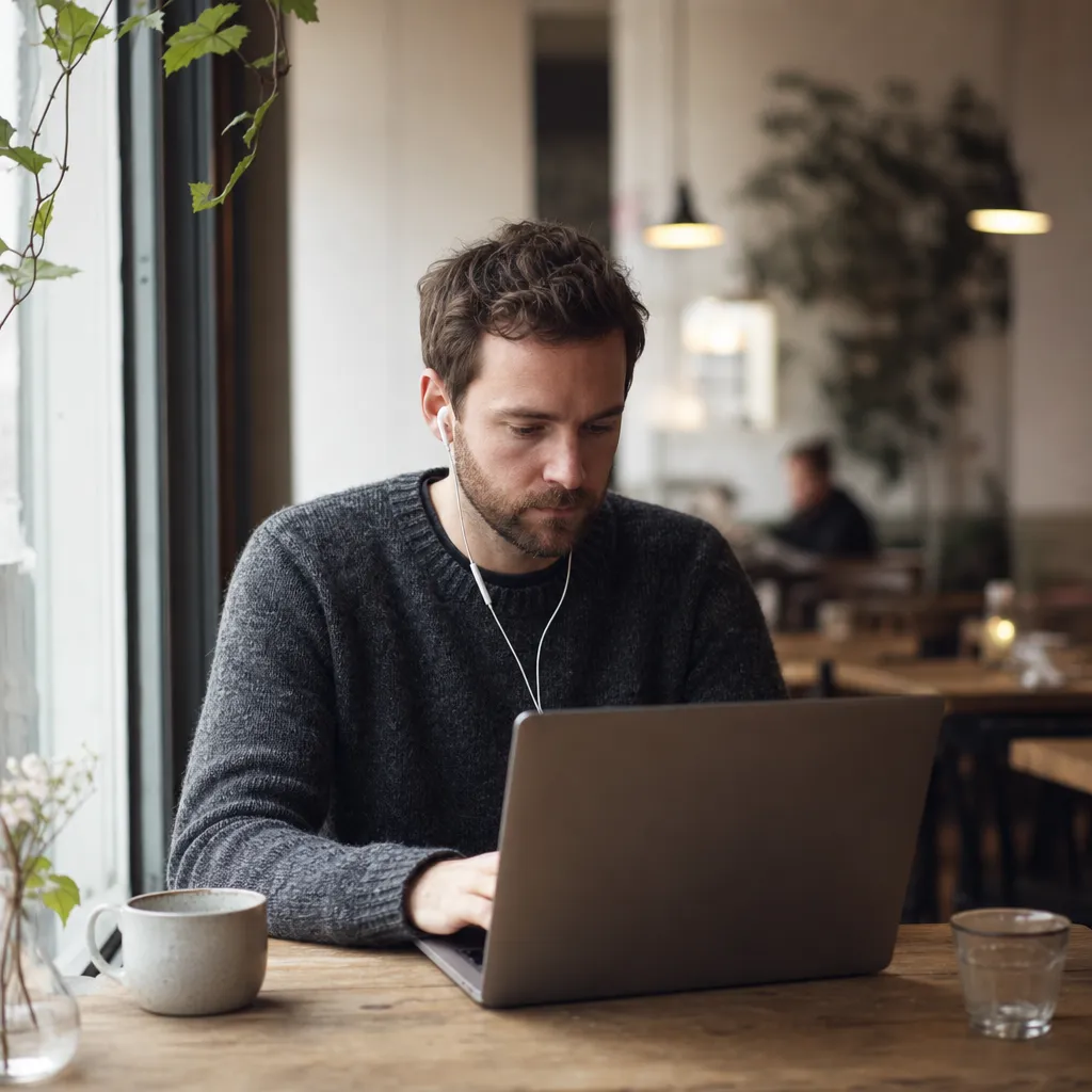 person som arbetar på bärbar dator på ett café, symboliserar distansarbete över ett nät man inte själv kontrollerar