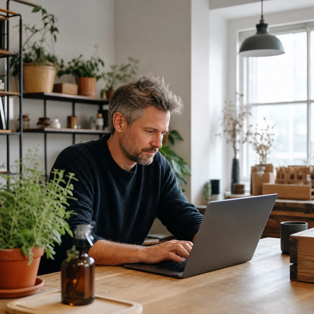 småföretagare som uppdaterar sin WordPress-sajt på en laptop i ett svenskt kontor eller butikslokal
