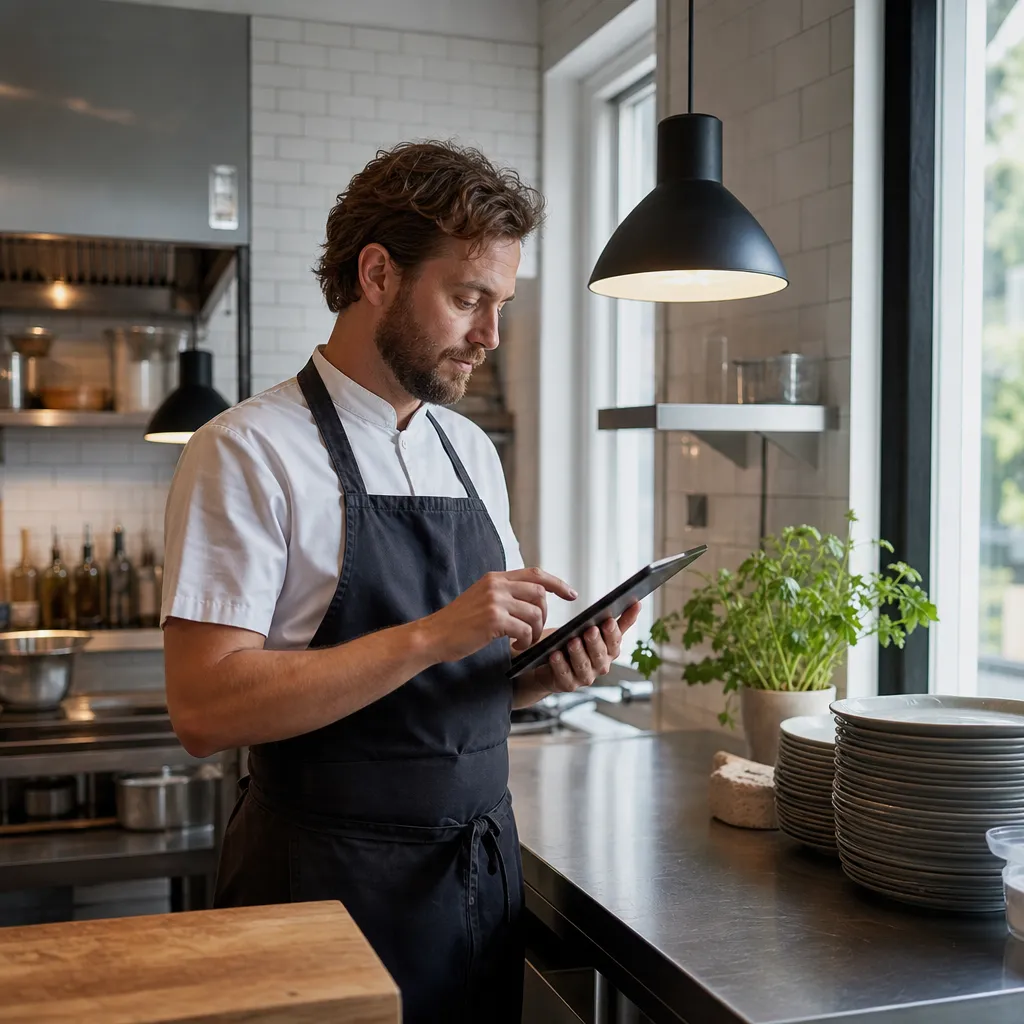 restaurangägare som uppdaterar dagens meny på en surfplatta i restaurangköket