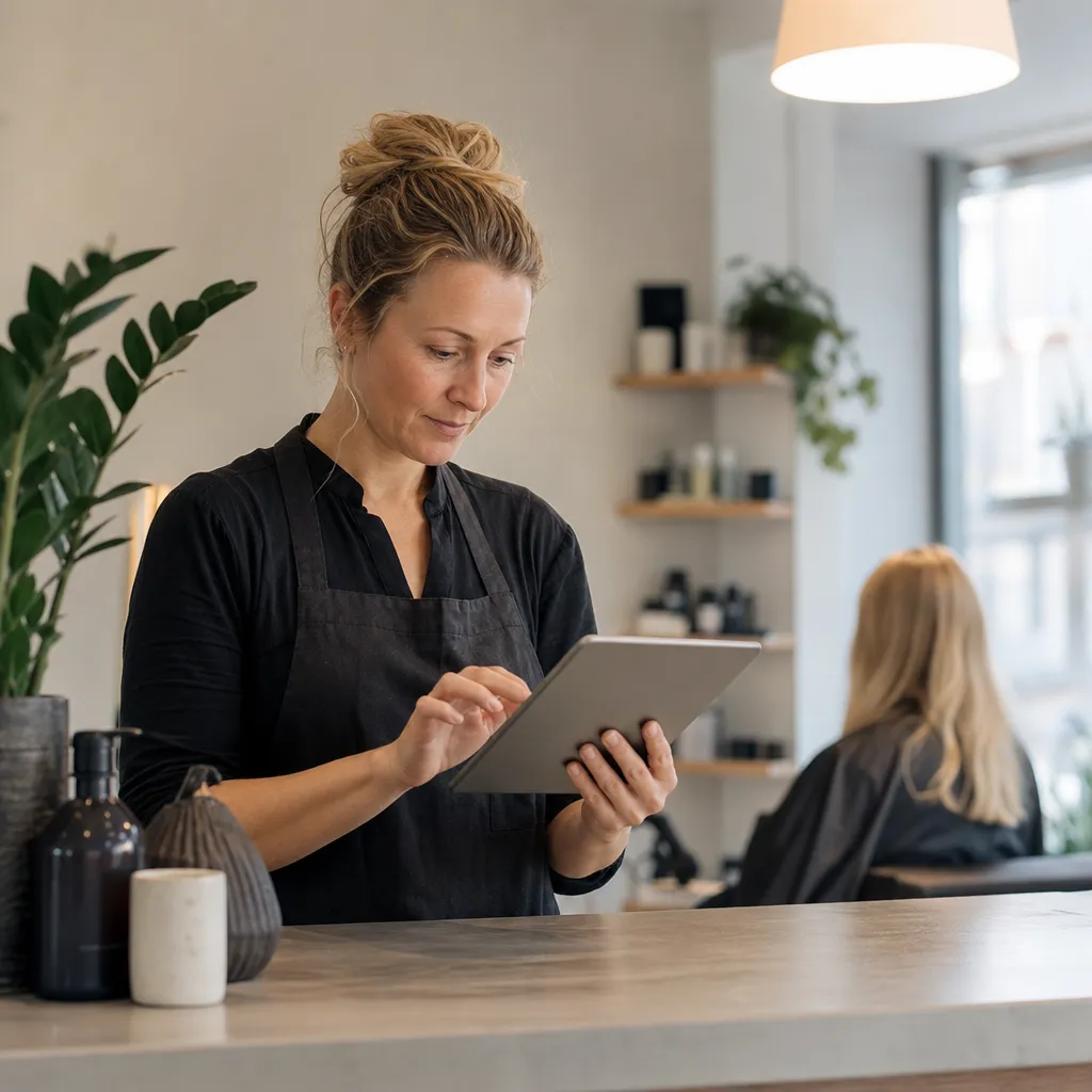 behandlare eller frisör som bekräftar en kundtid i en digital bokningskalender på surfplatta