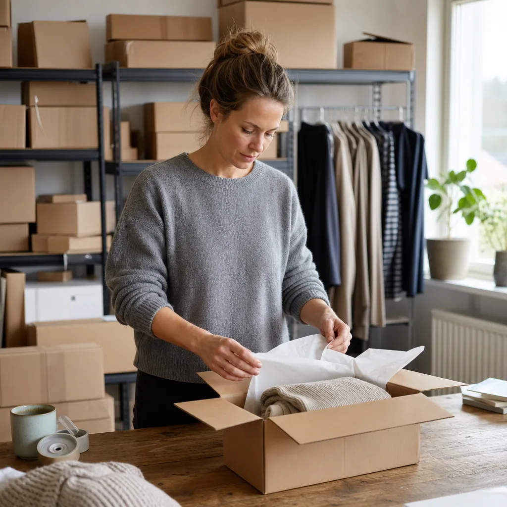 småföretagare som packar en beställning från sin egen webbutik i ett litet lager