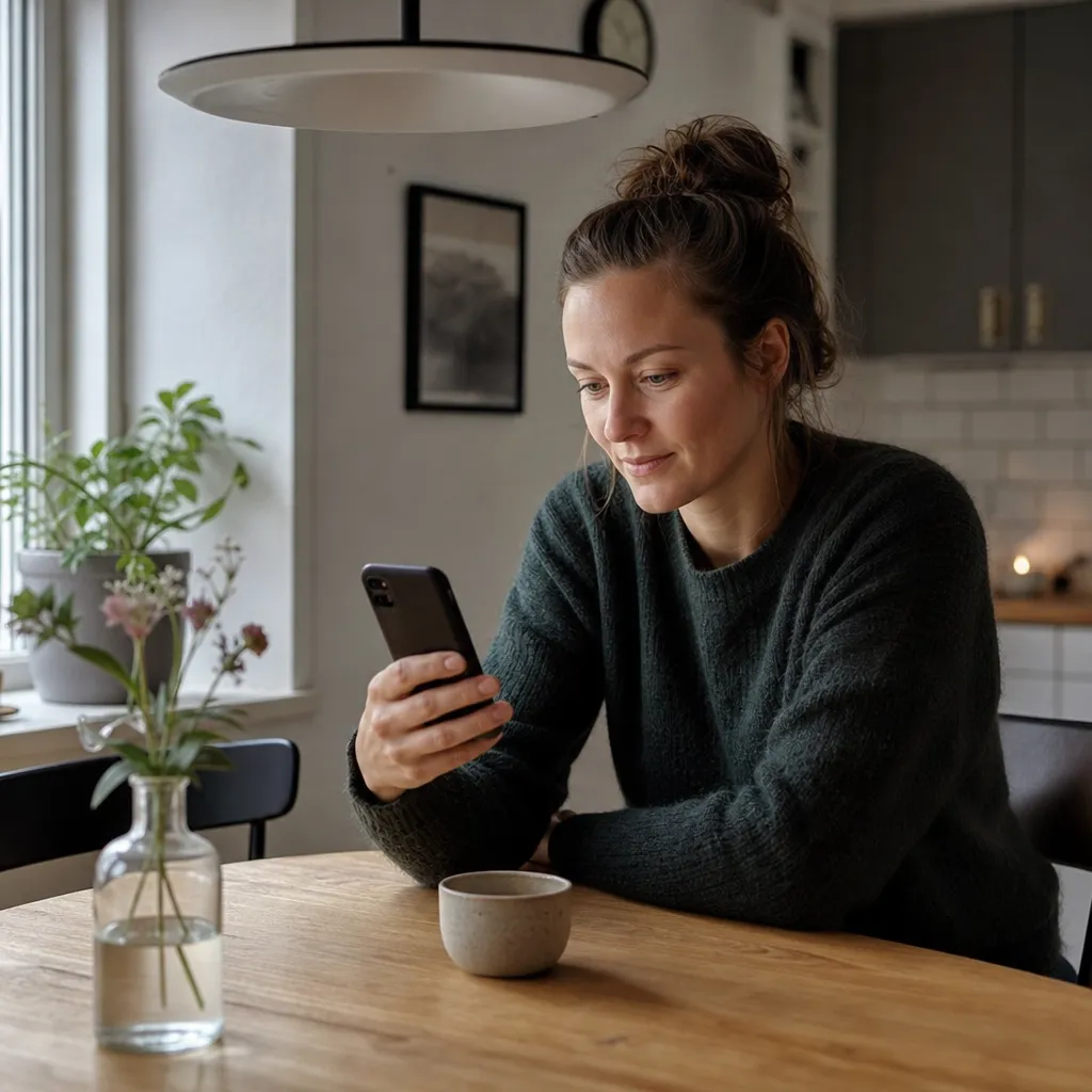 person som testar sin nypublicerade hemsida på mobilen vid ett köksbord