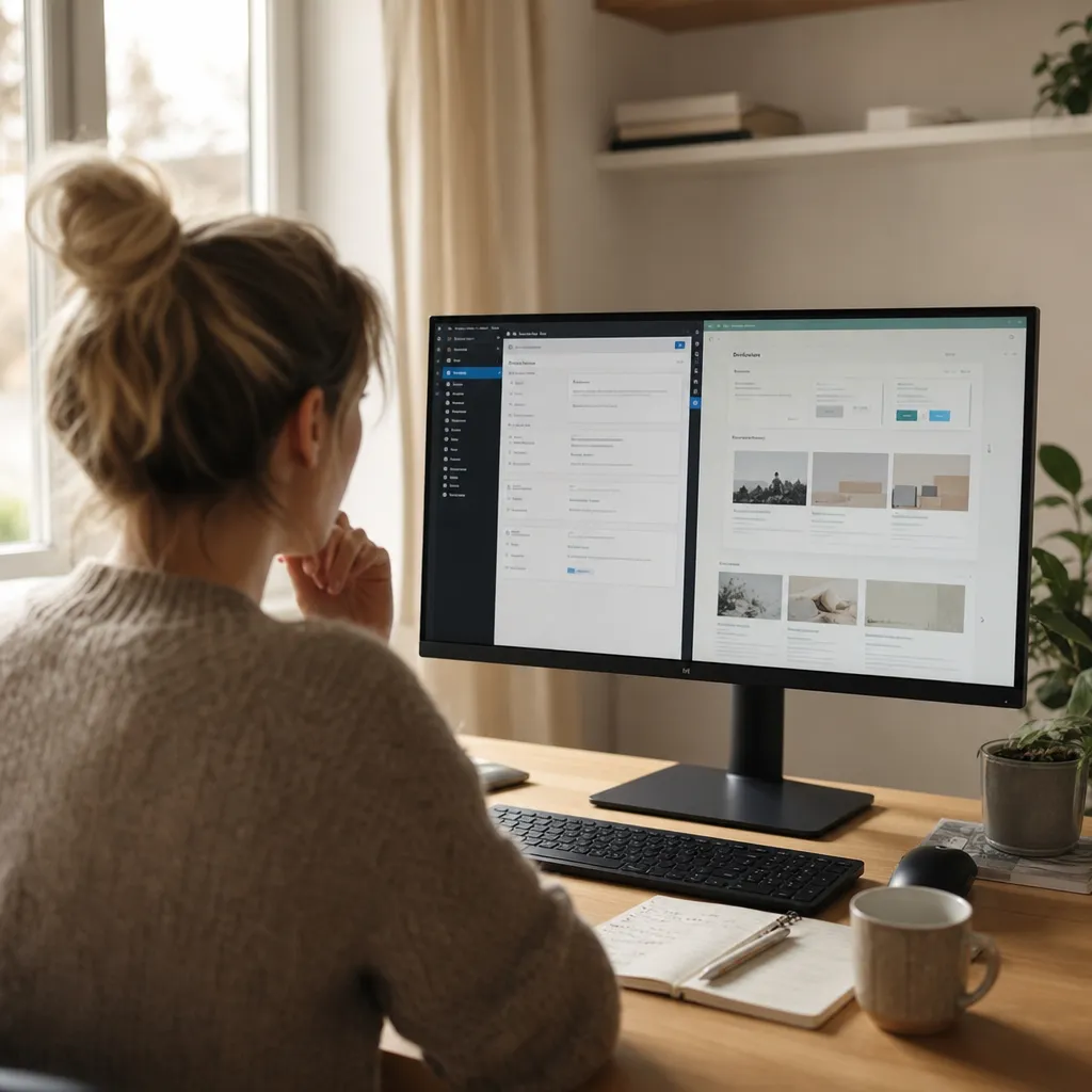 person som väger två alternativ mot varandra, en WordPress-adminpanel och ett enkelt hemsidesbyggarflöde, sida vid sida på skärmen