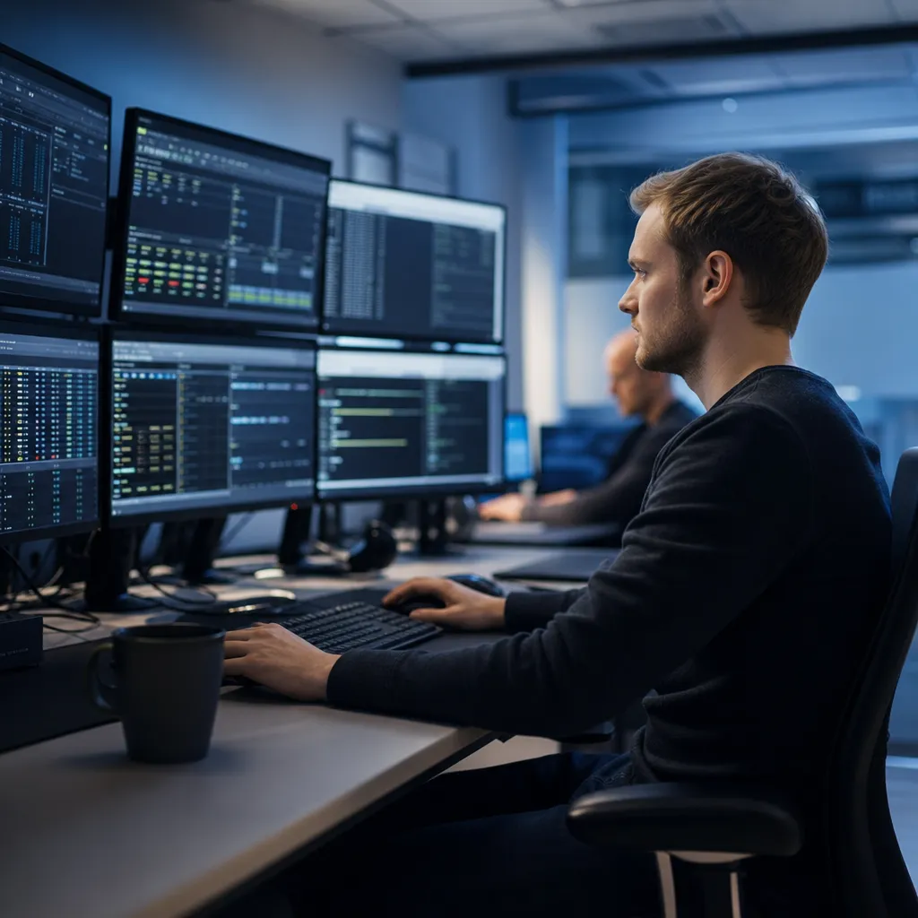 tekniker som fjärrövervakar servrar på skärmar i ett driftcenter