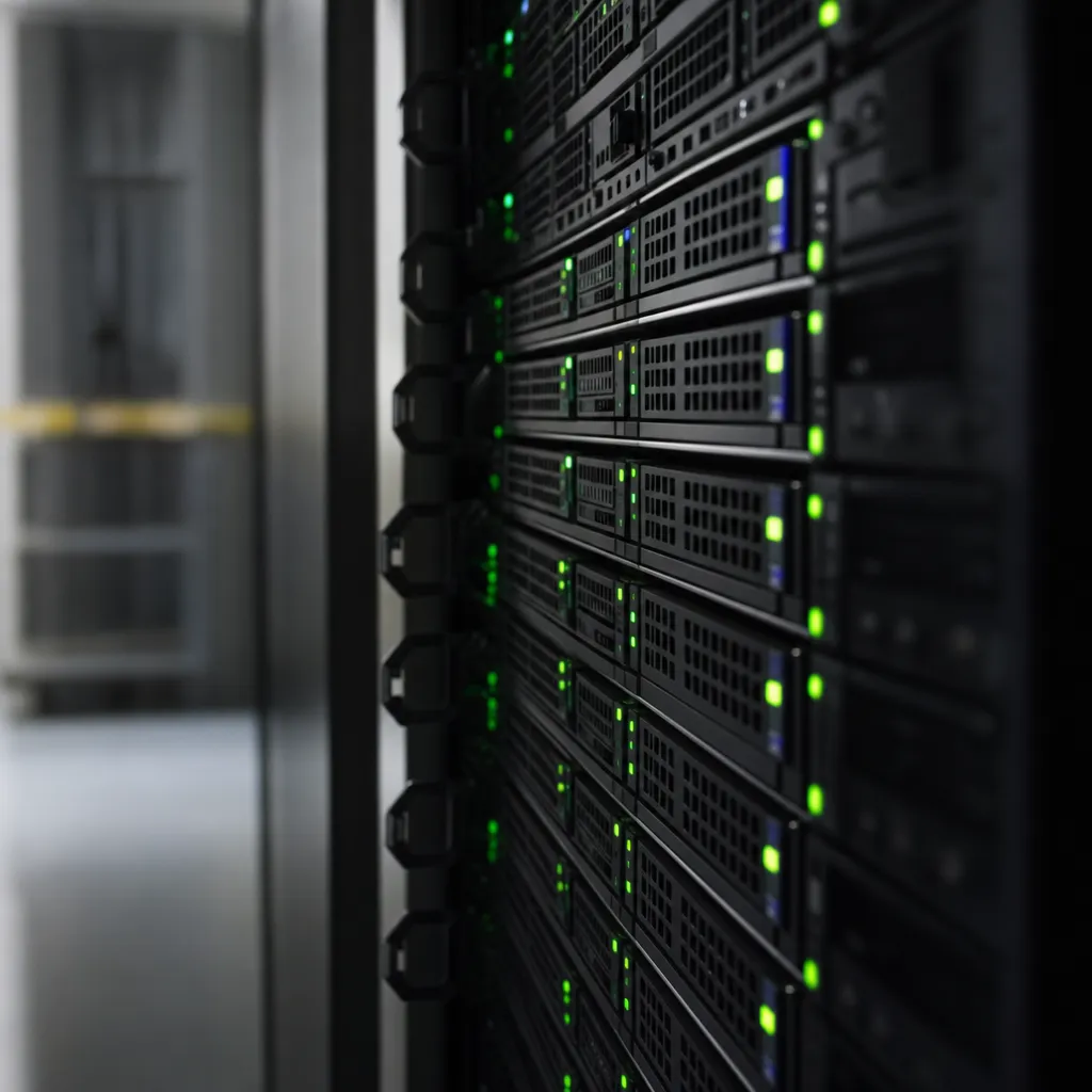 närbild på VPS-servrar i ett rack med gröna statuslampor