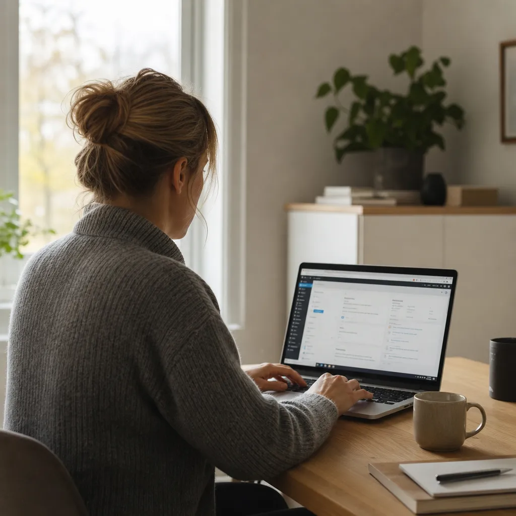 en admin-panel för WordPress som visas på en bärbar dator på ett litet kontor