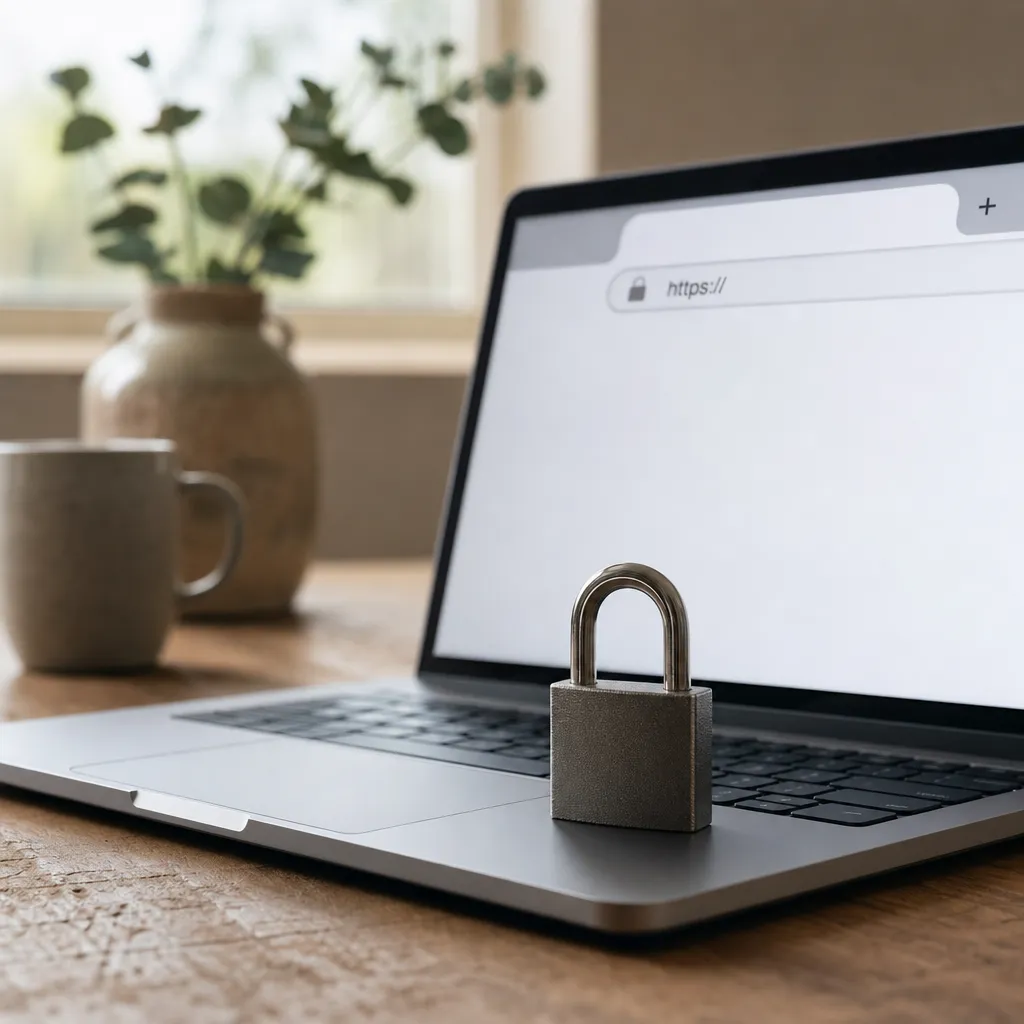 Ett hänglås framför ett webbläsarfönster med https-adress, som symbol för grundläggande webbplatssäkerhet