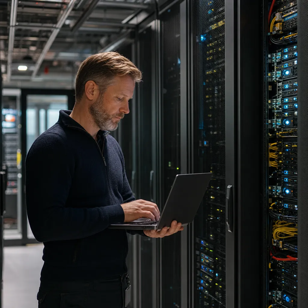 svensk serverhall/datacenter med rack och blinkande statuslampor