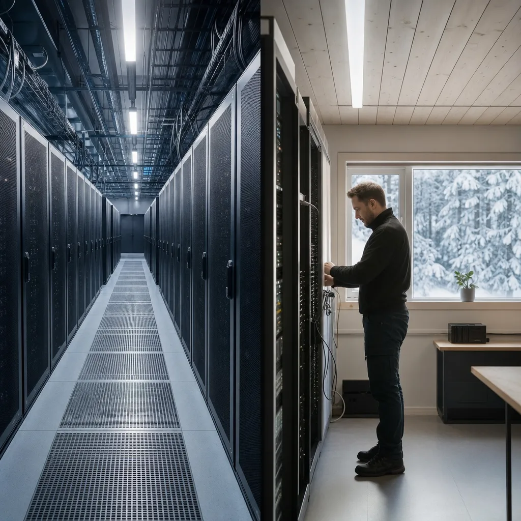 Illustration av två serverhallar sida vid sida, en stor internationell datacenterhall och en mindre svensk serverpark, som symboliserar internationellt kontra svenskt webbhotell