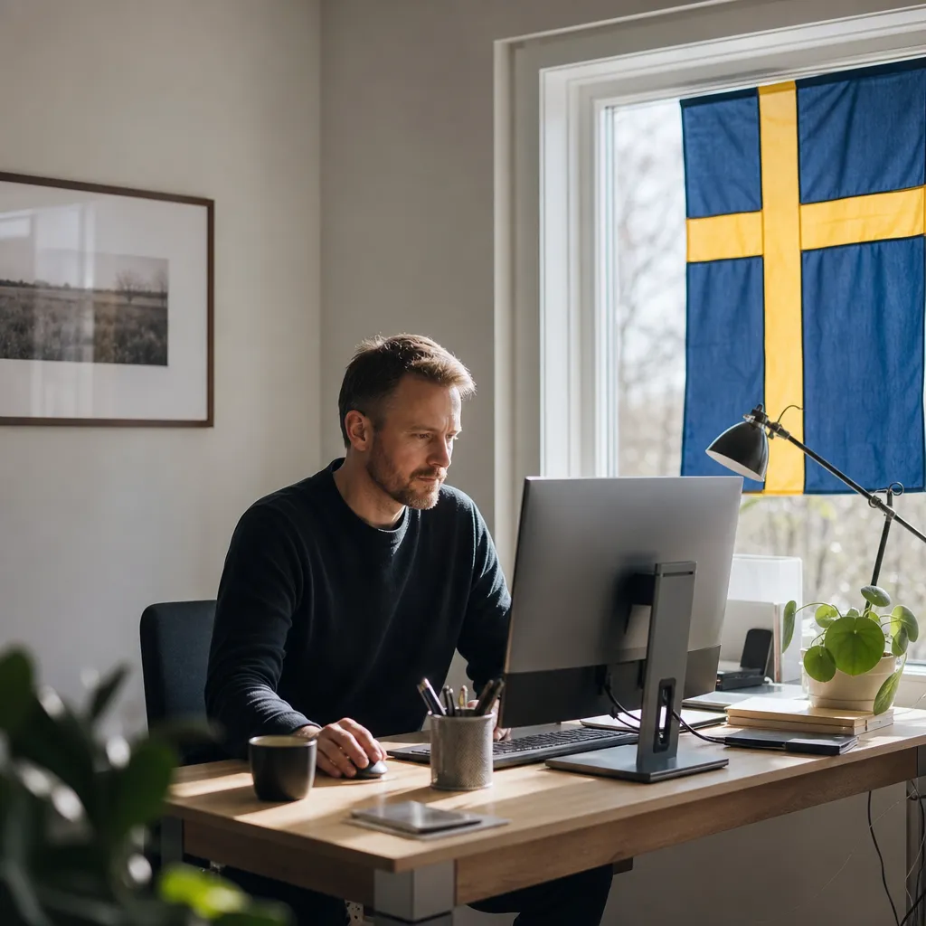 svensk flagga i fönstret på ett litet kontor med skrivbord och dator