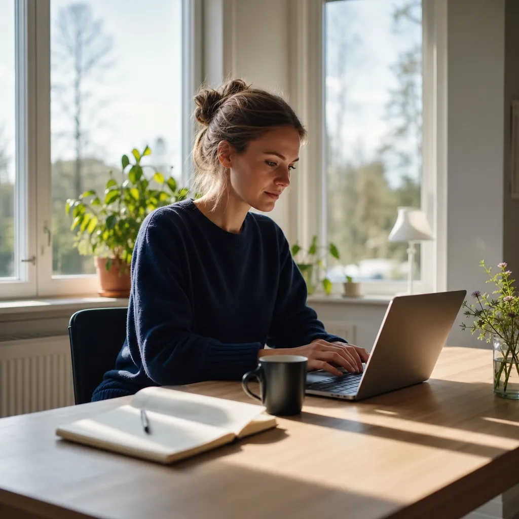 person som skriver ett blogginlägg på laptop i ett soligt hemmakontor