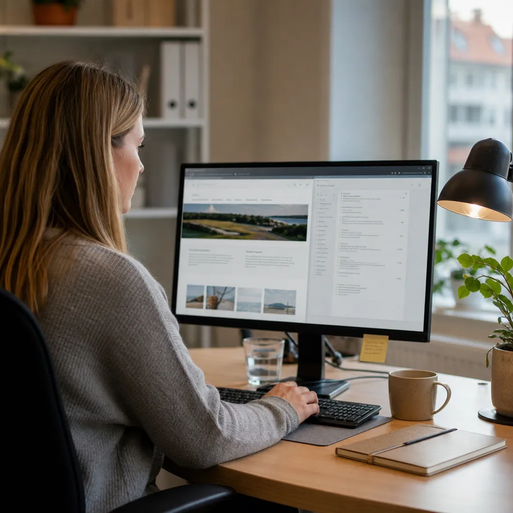 Kontorsmiljö med en dator som visar en webbplats och ett e-postprogram sida vid sida, som symboliserar ett företags digitala grunder