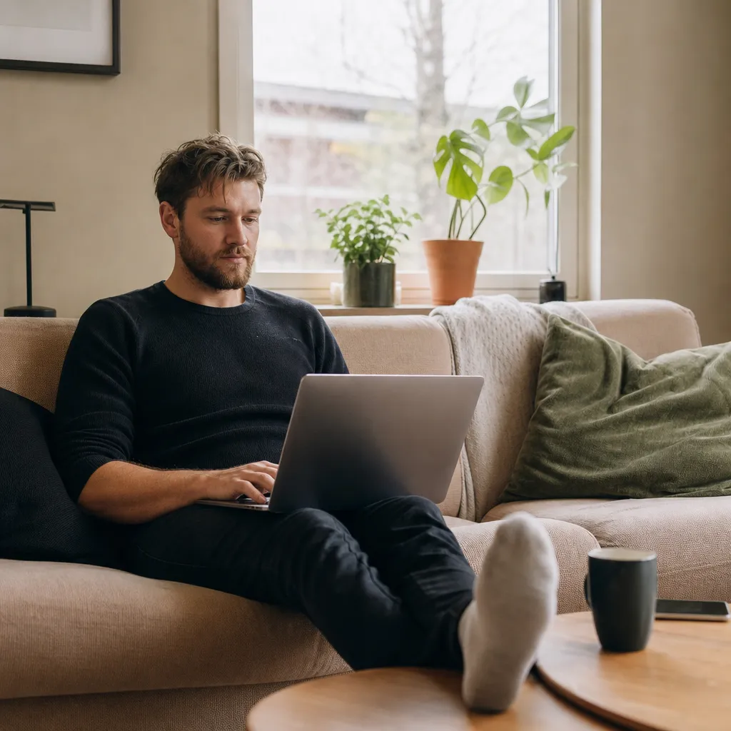 nybörjare som publicerar sin första hemsida från soffan med en laptop