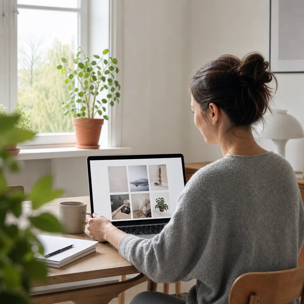 frilansande konsult som visar upp sin portfoliosida på en laptop i ett ljust kontor
