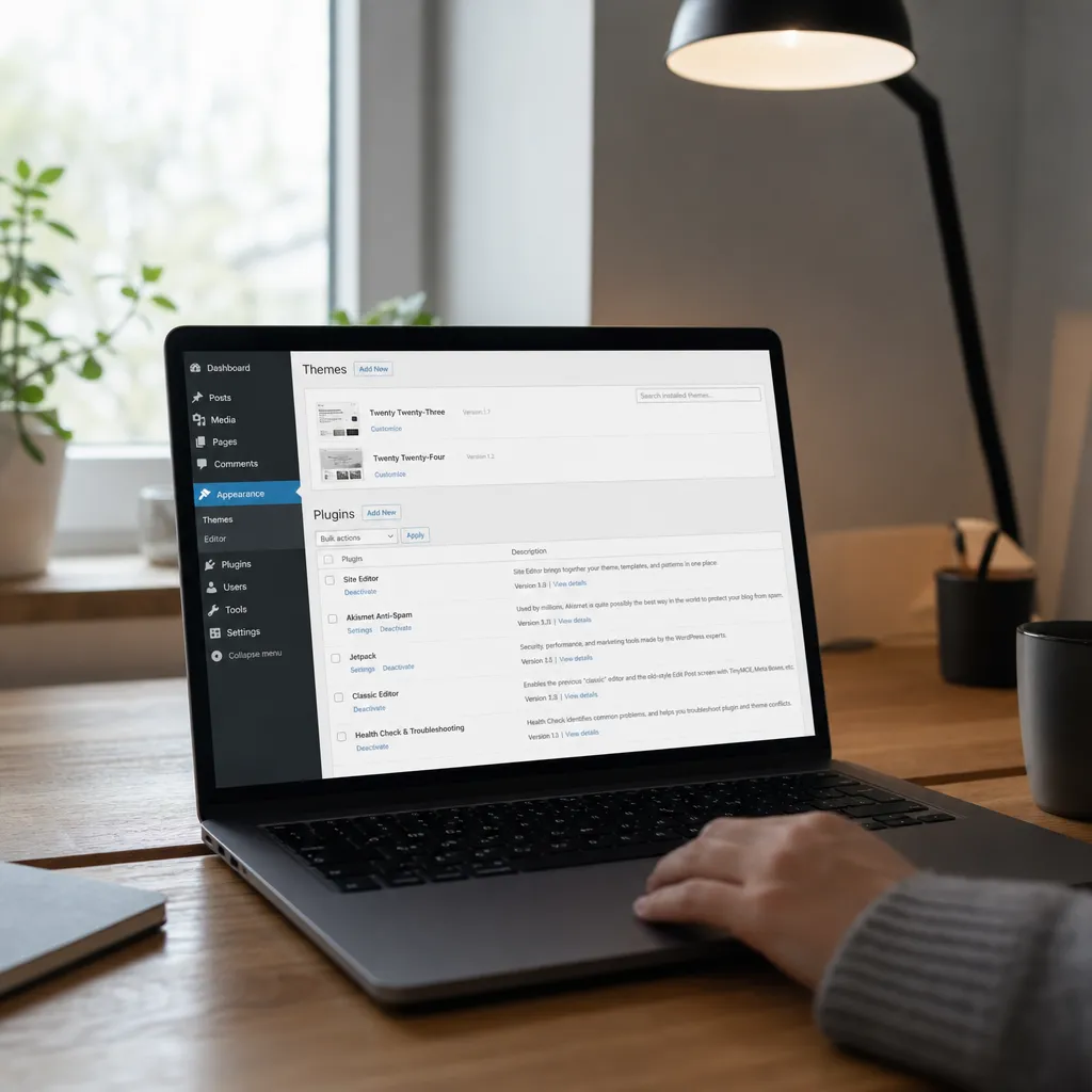 Närbild på en dator som visar WordPress adminpanel med tema- och pluginlistan synlig