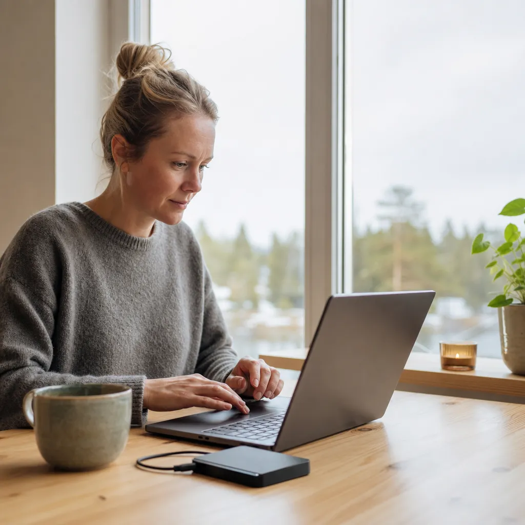 En extern hårddisk och en molnsymbol bredvid en bärbar dator, som illustrerar säkerhetskopiering