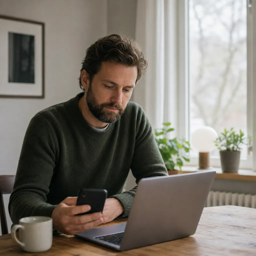 småföretagare som läser e-post på egen domän i mobilen bredvid datorn