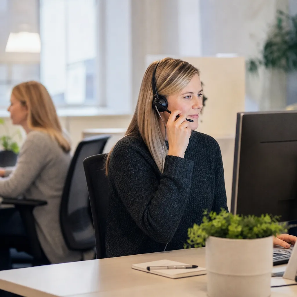 kundtjänstmedarbetare som svarar i telefon och chatt på ett svenskt kontor